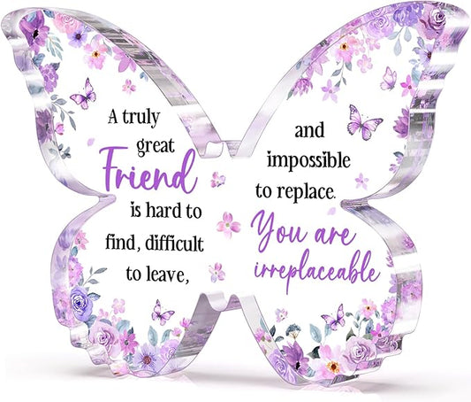 Friend Friendship Gifts for Women, Purple Butterfly Acrylic Plaque Desk Decor, Gifts for Friends Women Unique, Bestie Best Friendship Female Present, 5 x 3.8 x 0.5 inches