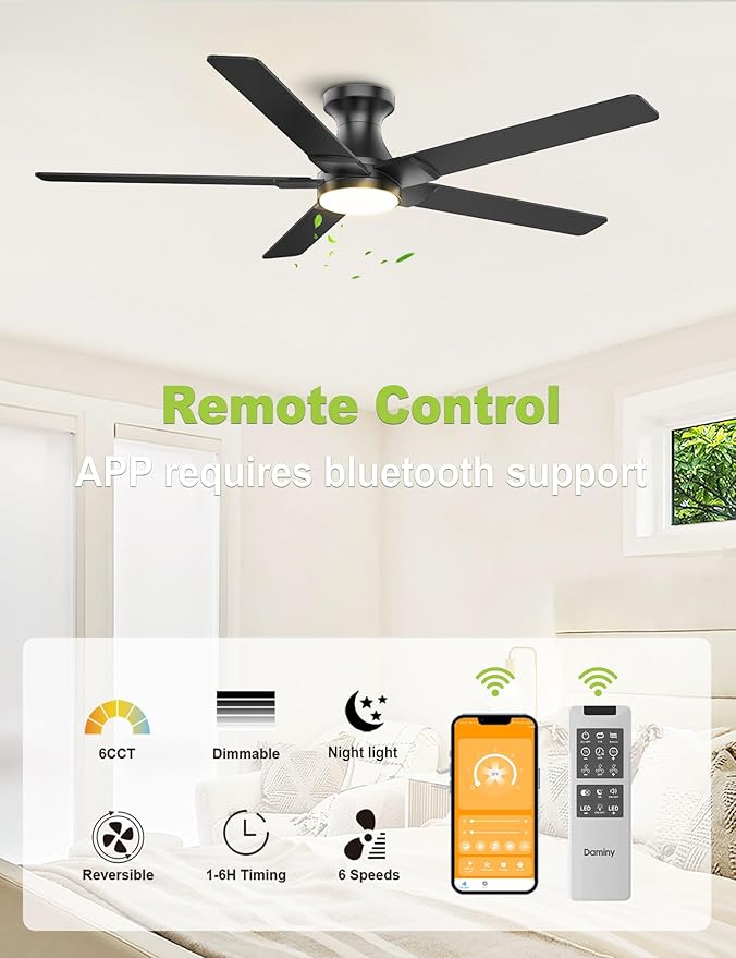 DAMINY 52 inch Black Ceiling Fans with Lights,5 Blades,6CCT, Low Profile,Remote Control,for Bedroom, Kitchen,Living Room,Indoor/Outdoor Use,Flush Mount