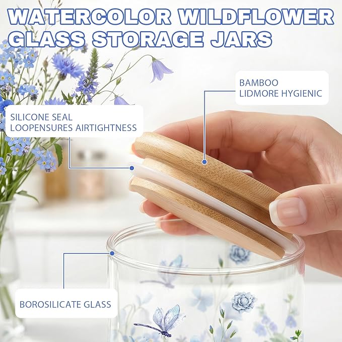 3 Pcs Spring Wildflower Glass Storage Jars with Airtight Lids Wildflower Candy Cookie Jars Gift Spring Canister Set for Kitchen Floral Counter Containers Decor for Sugar Tea