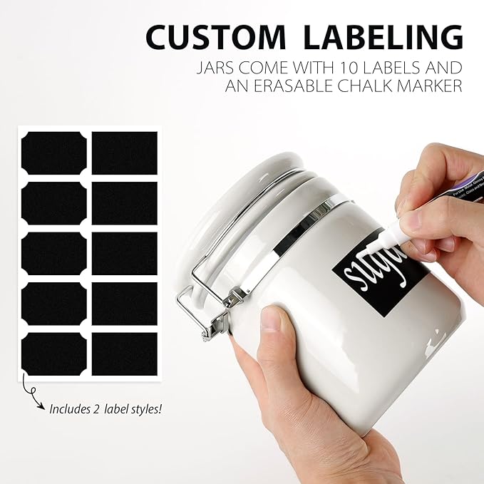 4-Piece Airtight Ceramic Canisters Set with Wooden Spoons & Chalk Labels – Perfect for Coffee, Sugar, Flour, Tea (White) – Stylish & Leakproof Kitchen Storage