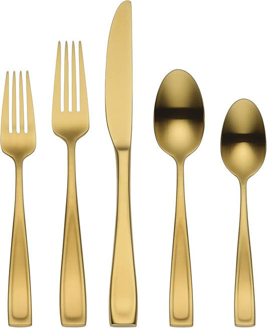 Oneida Silverware Set, Moda Gold Satin 20 Piece Flatware Set, Service For 4, 18/10 Stainless Steel, Dishwasher Safe, Flatware Cutlery Sets, Utensils, Knives Spoons and Forks, Home (Gold, 20 Pieces)