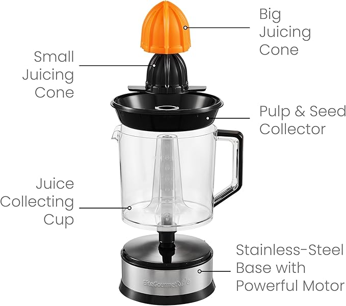 Elite Gourmet ETS047 BPA-Free 40-Watt Electric Citrus Juicer with 2 Cones, Compact, Large Volume, Pulp Control, Oranges, Lemons, Limes, Grapefruits with Easy Pour Spout, 1.2L, Black/Stainless Steel