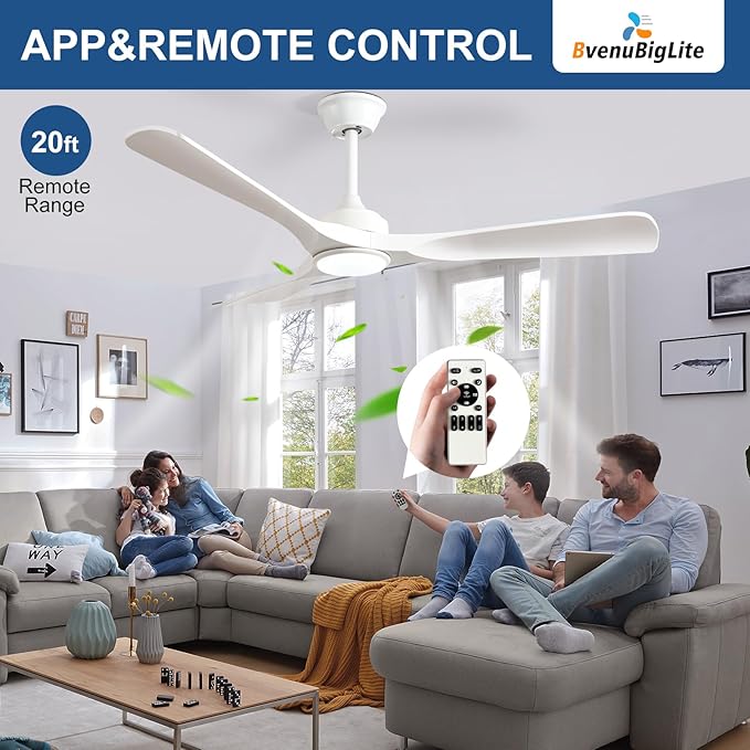 Outdoor Ceiling Fan with Light: 52 Inch 3 Blade Outdoor Fans for Patios - Modern White Ceiling Fan with Dimmable Light Remote APP Control Ultra Quiet Reversible DC Motor Timer