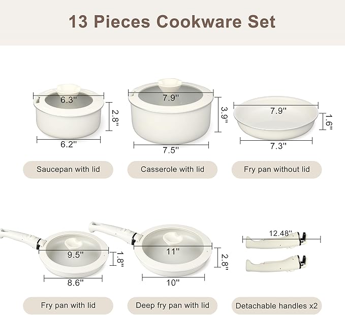 FAB&DELUXE 13Pcs Nonstick Cookware Set, Aluminum Nonstick Pots and Pans with Lids & Detachable Handle, Non-toxic Healthy Kitchen Cooking Sets, PFAS and PFOA Free