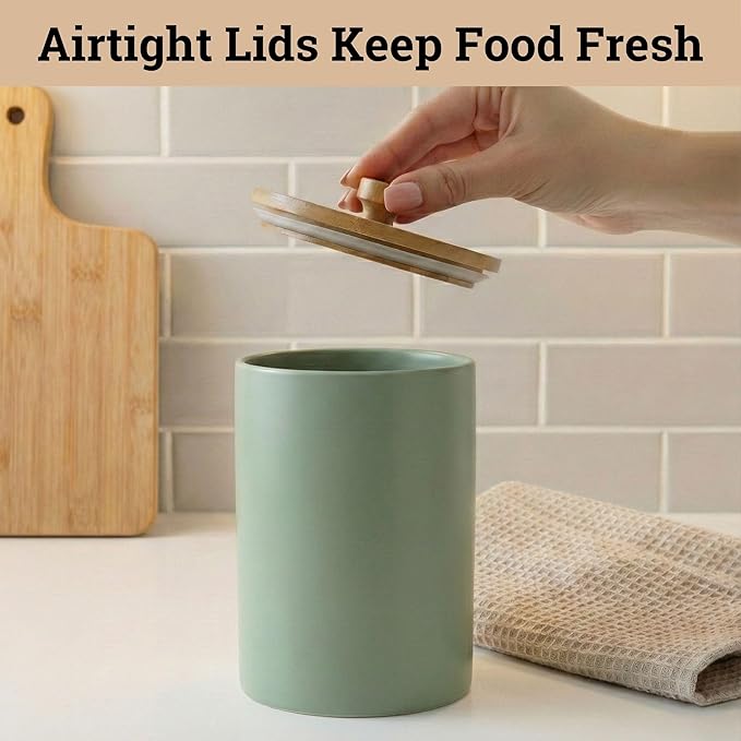 Ceramic Kitchen Canisters for Countertop Set of 3 with Airtight Bamboo Lids - Sage Kitchen Canisters with Airtight Lids - Flour Sugar Canister Set - Flour and Sugar Containers Farmhouse - Coffee Jar