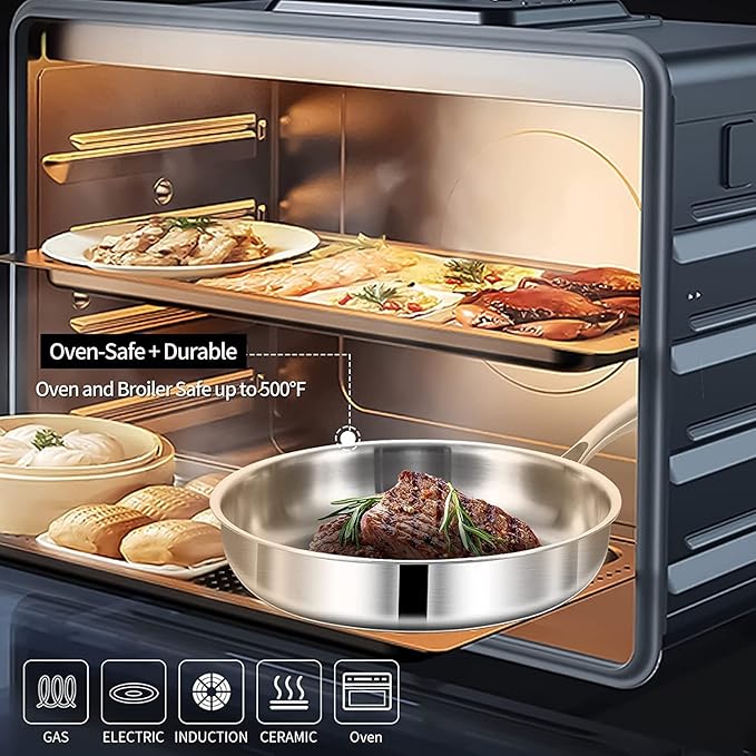 LOLYKITCH 10 Inch Tri-Ply Stainless Steel Sauté Pan with Lid,3 QT Deep Frying Pan,Small Skillet,Jumbo Cooker,Induction Cooking Pan,Dishwasher and Oven Safe,Detachable Handle