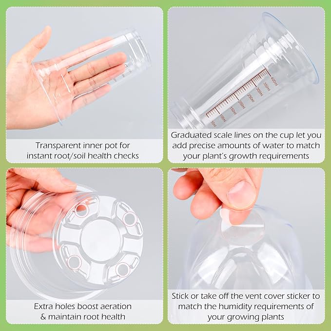 30 Pack 4" Self Watering Propagation Pots, Seed Starter Cups with Dome | Large Dual-Layer Clear Pots, Vent Dome, Self-Watering Reservoir, For Cuttings & Seedlings, 30 Plant Labels Included