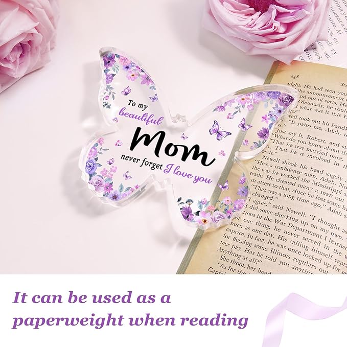 Gifts for Mom, Mom Birthday Gifts, Unique Purple Butterfly Acrylic Plaque Desk Decor, Mothers Day Valentines Christmas Gift for Mother from Daughter Son - 5 x 3.8 x 0.5 inches