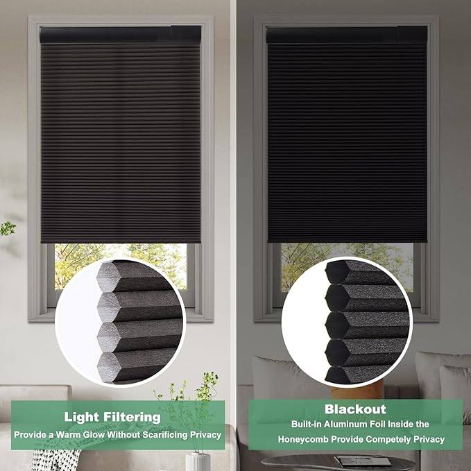 Tonature No Drill Cellular Shades for Indoor Windows, Thermal Insulating & Noise Reducing Honeycomb Blinds, Free Stop Cordless Blackout Shades, Black, 31" W x 64" H