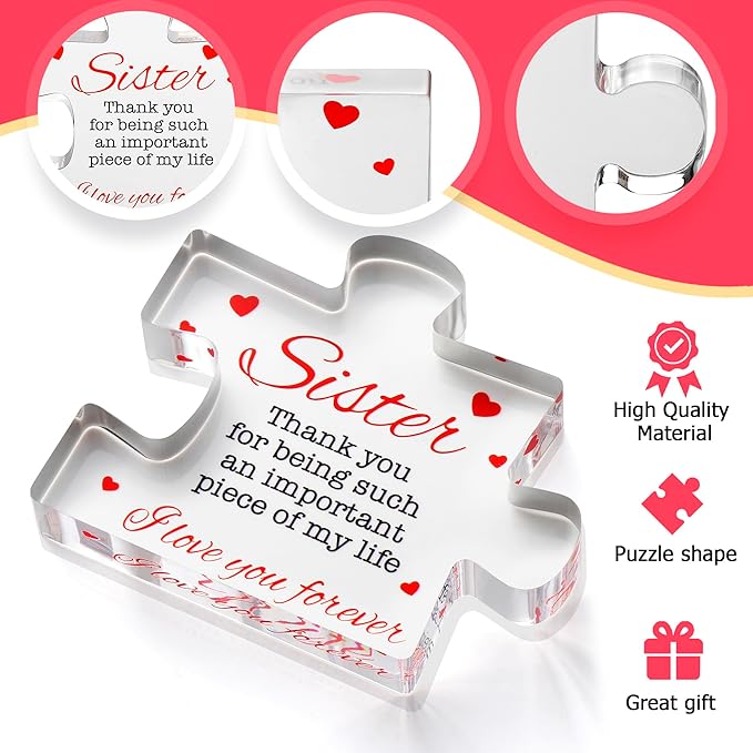 VELENTI Birthday Gift for Sister - Engraved Acrylic Block Puzzle Present - Cute Paperweight Happy Birthday Gift from Brother