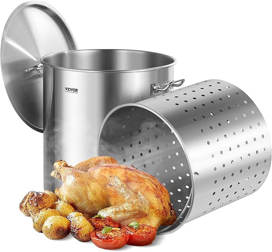 VEVOR Stainless Steel Stockpot, 100 Quart Large Cooking Pots, Cookware Sauce Pot with Basket, Lid, and Handle, Heavy Duty Commercial Grade Stock Pot, Sanding Treatment, for Large Groups Events Silver