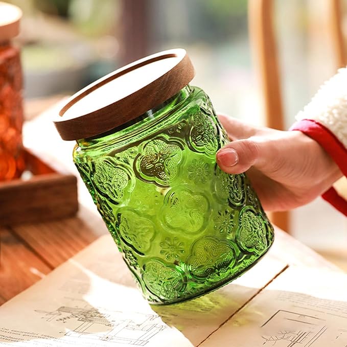 Glass Jar with Lid, Vintage Glass Storage Jars with Airtight Lid Coffee Canister Sugar Container for Kitchen Counter Pantry, Flour, Candy, Tea, Coffee Beans, Oats (Begonia Sunflower Green)