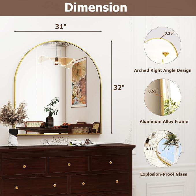 XRAMFY 31"x32" Arched Wall Mirror for Bathroom, Gold Vanity Mirror for Bedroom, Living Room, Entryway, Decorative Hanging Mirror for Wall