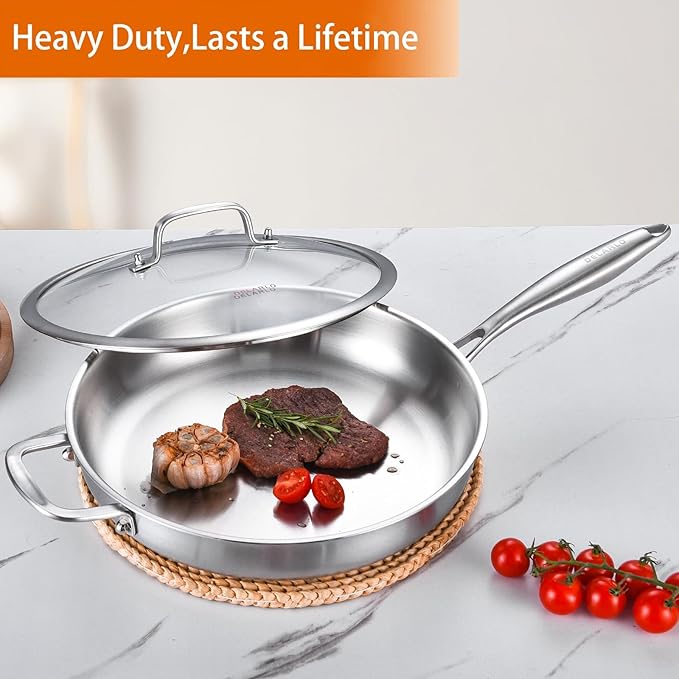 DELARLO Stainless Steel Pan 14-Inch Large Frying Pan with Lid | Heavy Duty Compatible with Induction up to 650℉ Fast & Even Heating Dishwasher Oven Safe Skillet