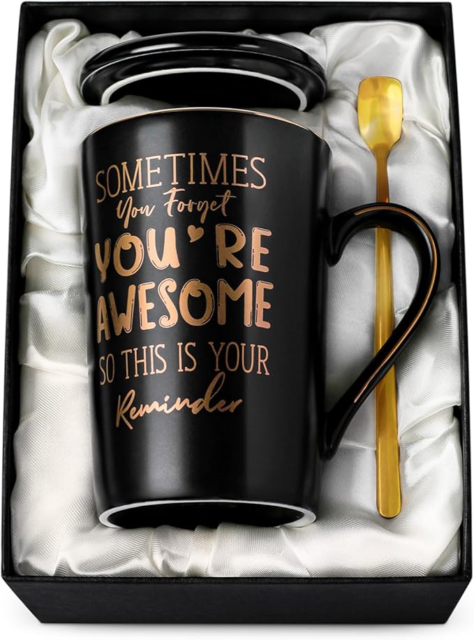 Anniversary Birthday Thank You Gifts for Men, Sometimes You Forget You're Awesome - 14oz Unique Black Ceramic Inspirational Mug with Gold Print, Funny Valentines Day Presents for Boyfriend Husband Him