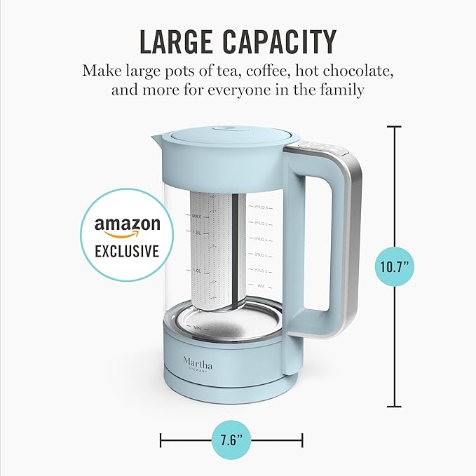 Martha Stewart Electric Kettle with Removable Stainless Steel Tea Infuser,  Glass Carafe 1.7L (7 Cups), Hot Water Boiler, 4 Presets, Keep Warm & Auto Shut-Off, Cordless 360° Swivel Base, Sky Blue