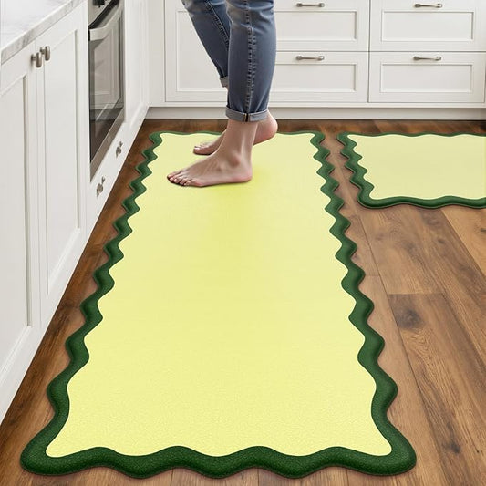 Arenarug Scalloped Kitchen Mats Rugs Sets of 2 Cushioned Anti Fatigue Floor Mat Waterproof Kitchen Rugs Non Slip Foam Comfort Standing Mat for Sink Laundry, Green