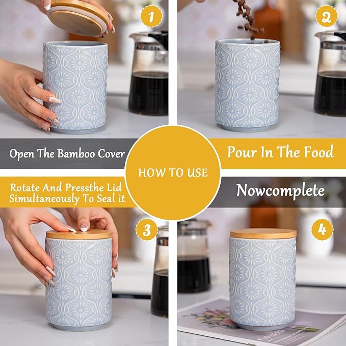 TEATALK Ceramic Jar with Bamboo Lid, Airtight Seal for Coffee, Tea, Sugar, 23 Fl Oz, Light Blue
