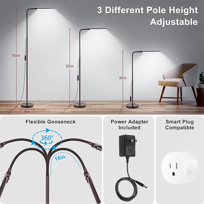 Floor Lamp, 18W/2000LM Bright LED Floor Lamp with Double Head, Adjustable Gooseneck Dimmable Craft Light for Sewing Tatoo Makeup, Eye Caring Brown Reading Floor Lamps for Living Room Bedroom Office