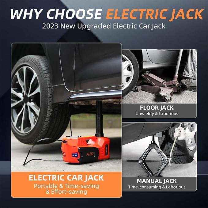 STANDTALL Electric Car Jack Quick Lifting Safe and Portable with Tire Inflator and LED Light Complete Set of Accessories 12V Hydraulic Floor Jack