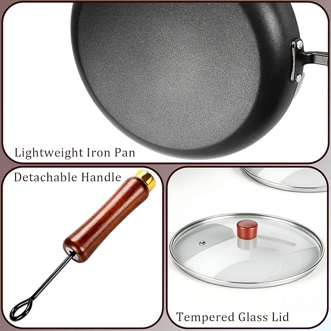 Nonstick Frying Pan with Lids Set, 10”/11”/12.5” Lightweight Iron Skillets | with Detachable Wooden Handles, Pre Seasoned wok with Tempered Glass Lids