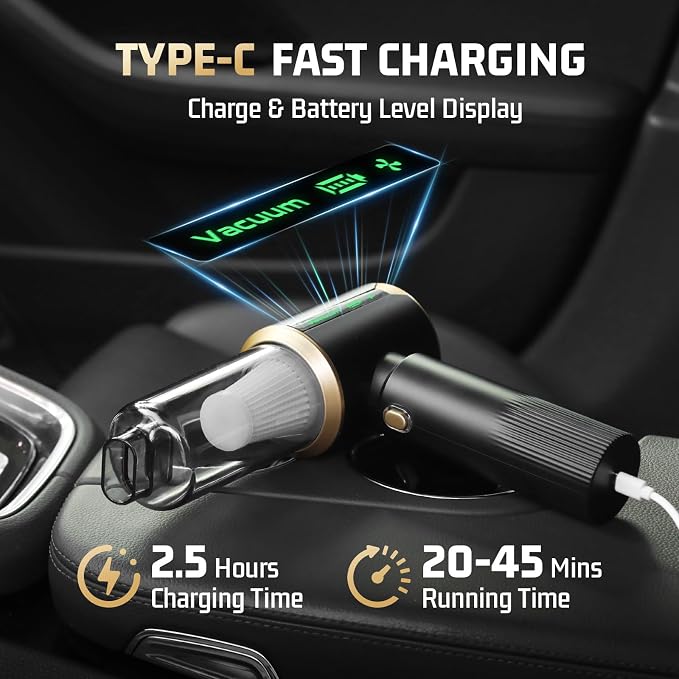 Cordless Car Vacuum Cleaner: Handheld Vacuum with 16000Pa Strong Suction, 𝐁𝐫𝐮𝐬𝐡𝐥𝐞𝐬𝐬 𝐌𝐨𝐭𝐨𝐫 & HEPA Filter, 7-in-1 Cleaning Kit, Type-C Charging for Home Office Car - Black