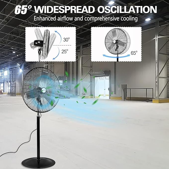 BILT HARD 24" High Velocity Pedestal Oscillating Fan, 6450 CFM 3-Speed Industrial Floor Fan with Adjustable Height, Metal Shop Fan with Aluminum Blades for Commercial, and Garage