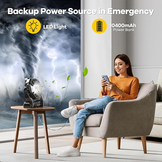 DOWILLDO 15000mAh Portable Battery Powered Camping Fan - with LED Light, Quiet Battery Operated, Camping Gear for Travel, Tent, Beach, Car or Hurricane Power Outages，Black