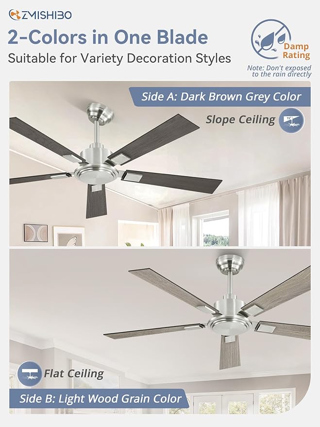 ZMISHIBO 52 Inch Ceiling Fan No Light with Remote Modern Nickel Ceiling Fan with Quiet Reversible DC Motor, 6-Speeds 5 Blades, Indoor/Outdoor Ceiling Fans Without Light for Patios, Living Room, Garage