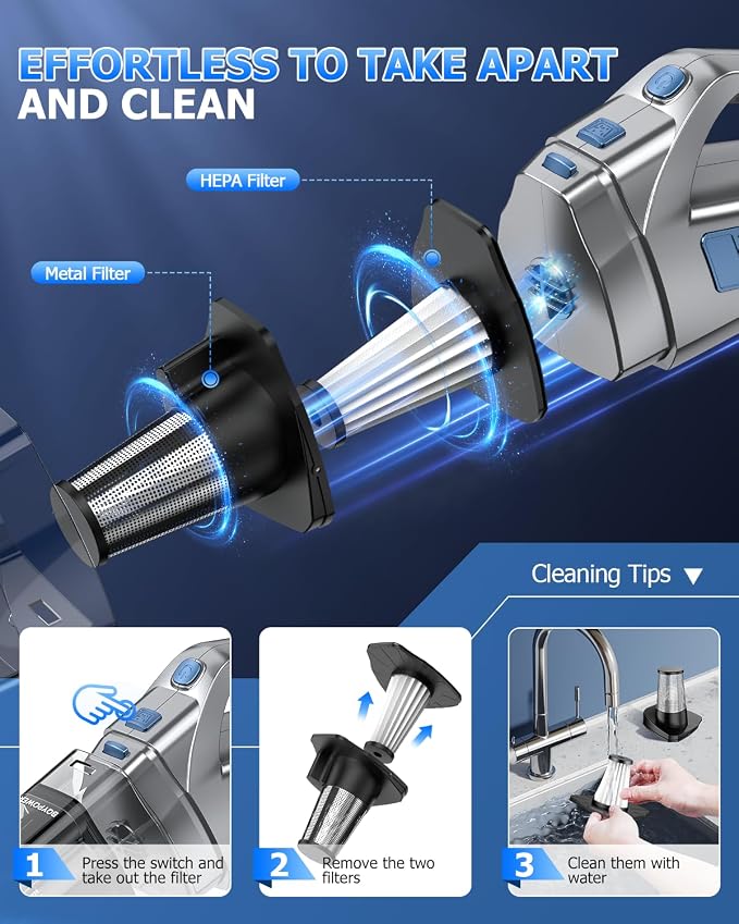 BQYPOWER Handheld Vacuum Cordless Rechargeable, Hand Held Car Vacuum | 16000PA Strong Suction Hand Vacuum Cordless Rechargeable with Multiple Accessories, Portable Car Vacuum Cleaner for Car Home