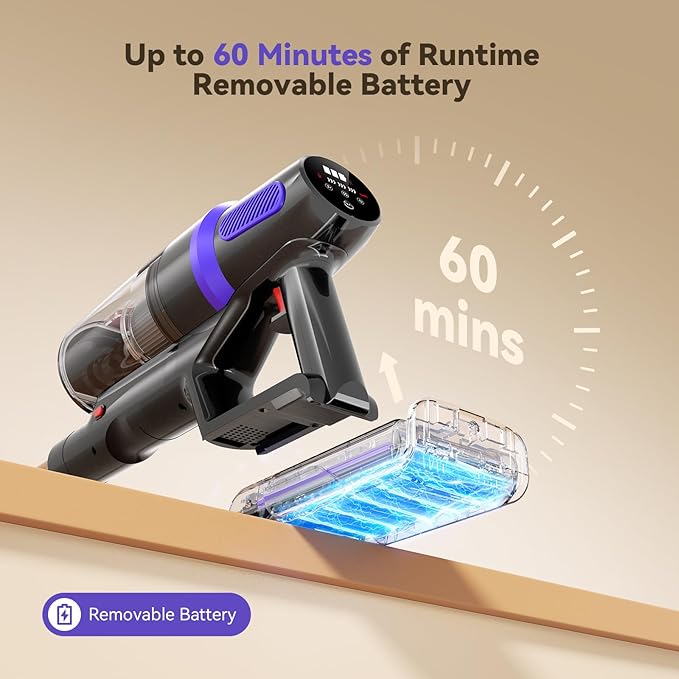TechRise Cordless Vacuum Cleaner for Home, 550W 45KPa for Pet Hair & Floors | 60 Min Runtime, HEPA Filter, Self-Standing Design, Anti-Tangle Brush & LED Light for Carpets and Hard Floor Cleaning