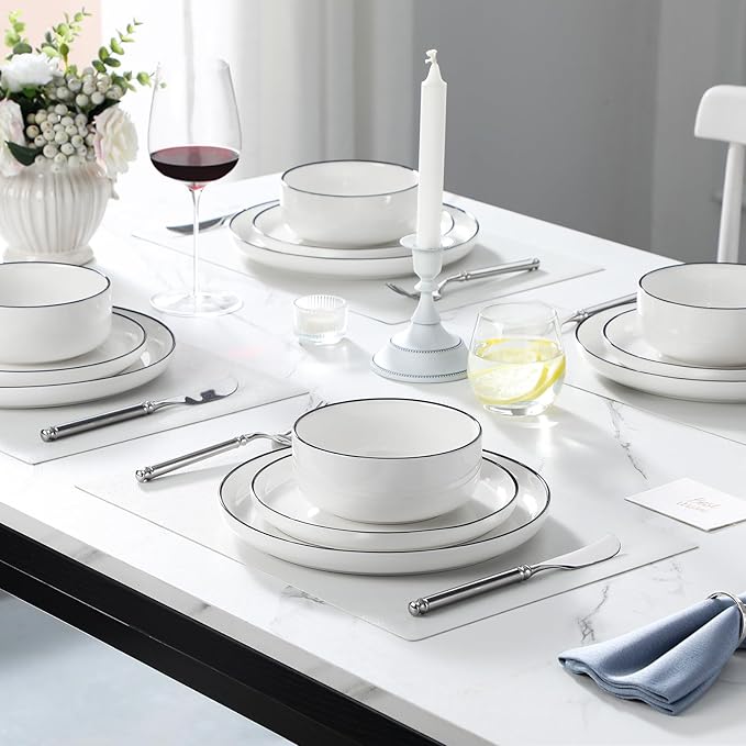 MALACASA Plates and Bowls Sets, 18 Pieces Modern Porcelain Dinnerware Set for 6 White Kitchen Dinner Ware Set wtih Black Rim Ceramic Dishware Dishes Microwave and Dishwasher Safe, Series LUNA