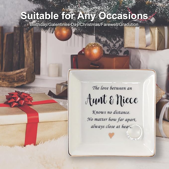 HOME SMILE Aunt Gifts from Niece, Aunt and Niece Gifts, Ring Dish Jewelry Tray for Aunts Birthday, Mothers Day, Valentine’s Day, Thanksgiving, Xmas-The Love Between Anut & Niece Knows No Dsitance