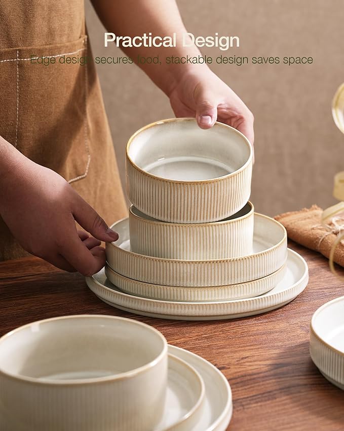 Famiware Star Dinnerware Set with Mugs, Service for 4 (16pcs), Ribbed Stoneware Plates and Bowls Dishes Sets - Chip & Scratch Resistant, Microwave & Dishwasher Safe, Cappuccino White