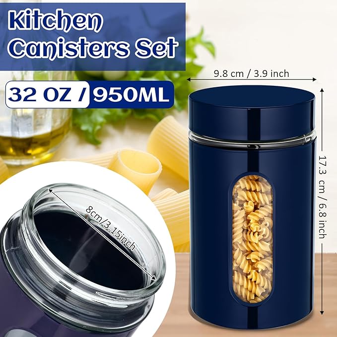 Mimorou 6 Pack Kitchen Canisters Set Airtight Coffee Sugar Tea Storage Jars with Window Glass Stainless Steel Containers with Lids for Flour Cookies Spices Grains Kitchen Decorations (Navy Blue,32 oz)