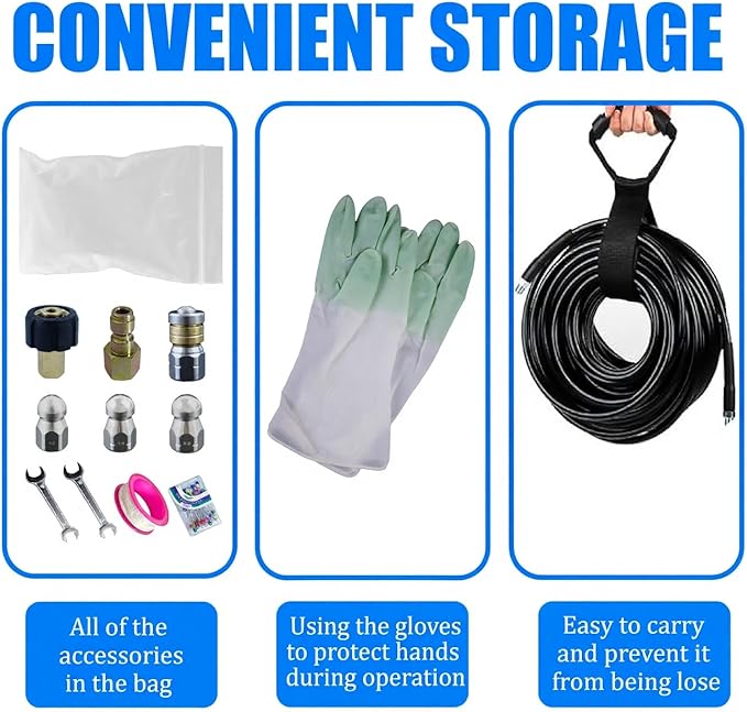 Sewer Jetter Kit for Pressure Washer 100FT, 5800PSI Water Jet Drain Cleaner Hose with 4 Sewer Jetting Nozzles, 1/4 Inch NPT Corner, Waterproof Tape and Handle Strap