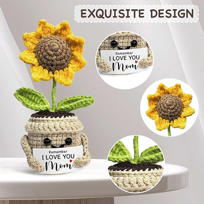 Mini Birthday Gifts for Mom, Mom Gifts from Daughters Remember I Love You MOM, Handmade Crochet Cute Small Sunflower Gifts, Gift for Mom from Daughter, Son, Mothers Day for Mom