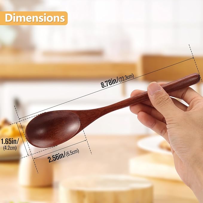 Wooden Spoons, 6 Pieces 9 Inch Wood Soup Spoons for Eating Mixing Stirring, Long Handle Spoon with Japanese Style Kitchen Utensil, ADLORYEA Eco Friendly Table Spoon (Nanmu, 9 Inch)