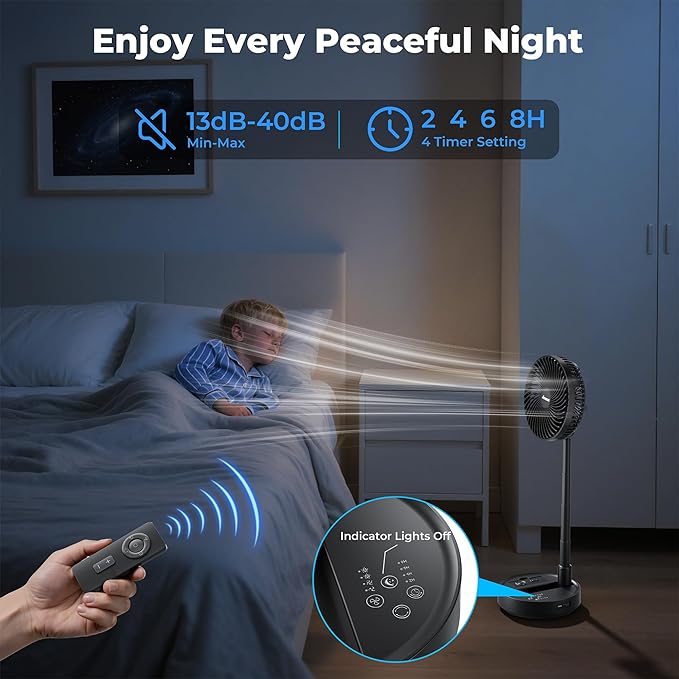 AMACOOL 8'' Foldable Oscillating Fan, 10000mAh Battery Operated with Remote & Timer, Height Adjustable Portable Standing Fan, Quiet USB Output for Camping RV Picnic Home Office Outdoor