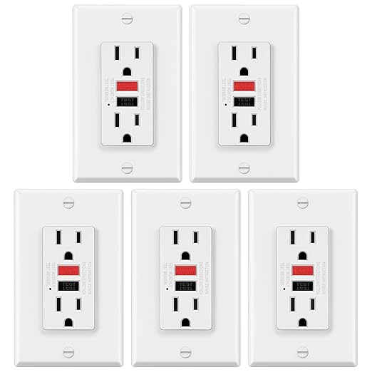 ELECTECK 5 Pack GFCI Outlets 15 Amp, Non-Tamper Resistant, Decor GFI Receptacles with LED Indicator, Ground Fault Circuit Interrupter, Wallplate Included, ETL Listed, Red/Black Button