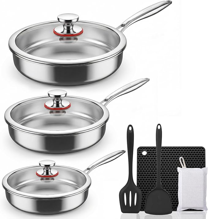 Tri-Ply Stainless Steel Frying Pan Set With Lids, 13pcs Stainless Steel Cookware Set with Detachable Handle, Induction Compatible Skillets for All Stovetops, Dishwasher and Oven Safe, Sliver