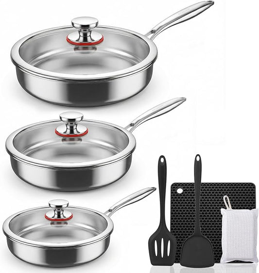 Tri-Ply Stainless Steel Frying Pan Set With Lids, 13pcs Stainless Steel Cookware Set with Detachable Handle, Induction Compatible Skillets for All Stovetops, Dishwasher and Oven Safe, Sliver