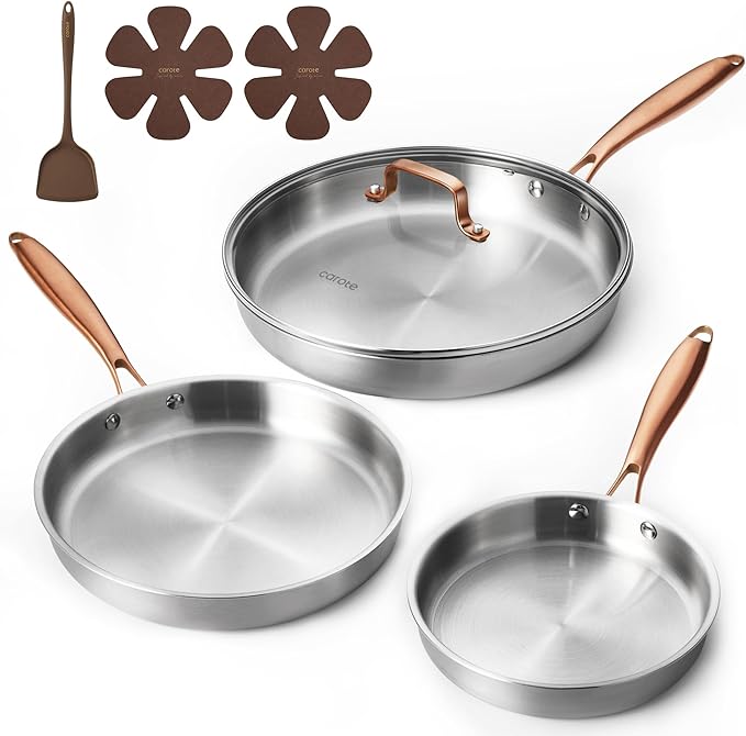 CAROTE 7-Piece Tri-Ply Stainless Steel Frying Pan Set, Skillet Set 8"/10"/12", Induction Compatible, Oven & Dishwasher Safe, Gold Handle