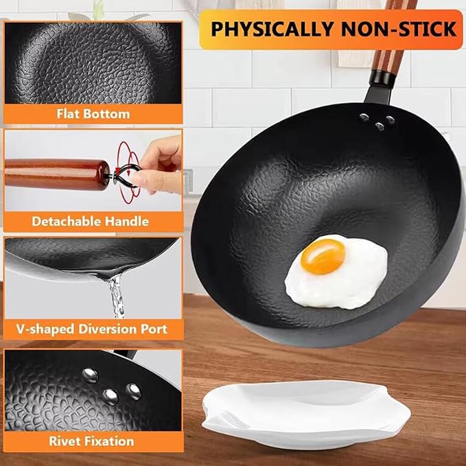 Frying pan 12.6" Carbon Steel Wok with Wooden Lid, Non-Coated Stir Fry Pan Multi-Functional Cooking Pan for Induction, Gas & Electric Stoves
