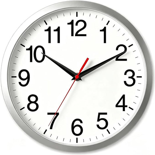 Rohioue Wall Clock Modern 10 Inch Battery Operated Silent Non Ticking Analog Clock Decorative for Bedroom Kitchen Bathroom Office Home Living Room (Silver)