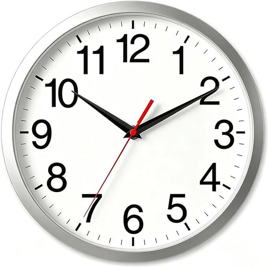 Rohioue 12 Inch Wall Clock Modern Battery Operated Silent Non Ticking Analog Clock Decorative for Bedroom Kitchen Bathroom Office Home Living Room (Silver)