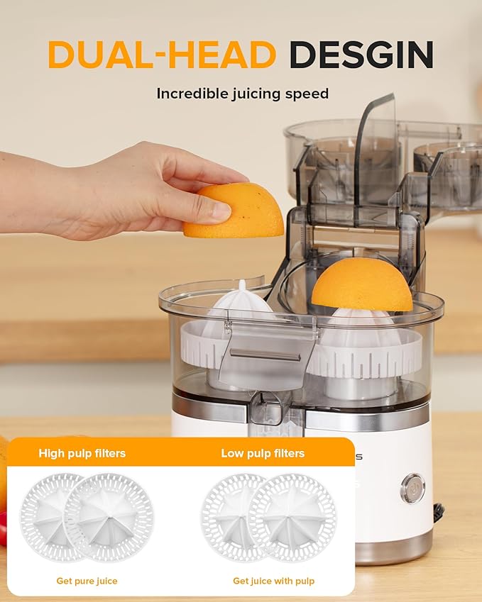 Dual-Head Electric Orange Juicer Squeezer, Citrus Juicer Machines with Power Cord & Cleaning Brush, 1-Touch Automatic Juicer Machine for Orange, Lemon, Lime, High Juice Yield, Built-in Cutter