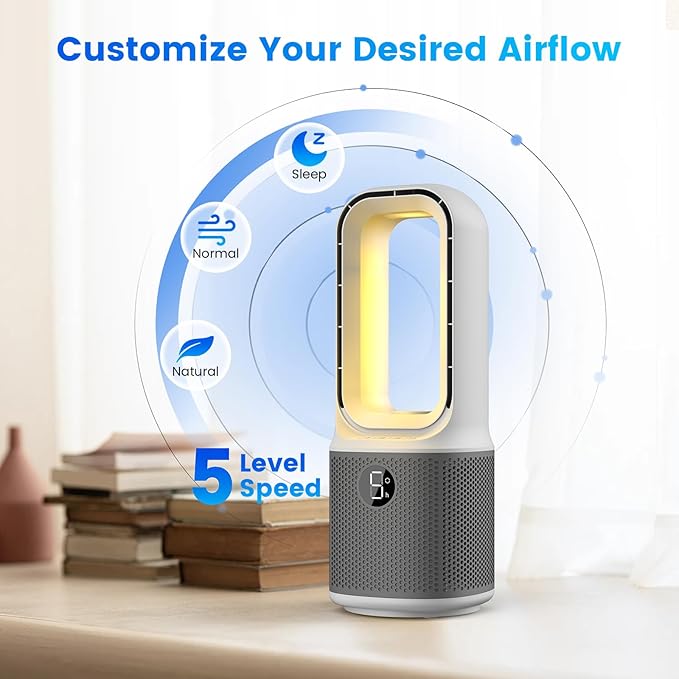 Misby Desk Fans Small Quiet, 13 Inch Bladeless Table Fan, 5 Speeds for Powerful Airflow, 70° Oscillating Fan with Night Light and Timer, Desktop Cooling Fan for Bedroom, Office, Nightstand