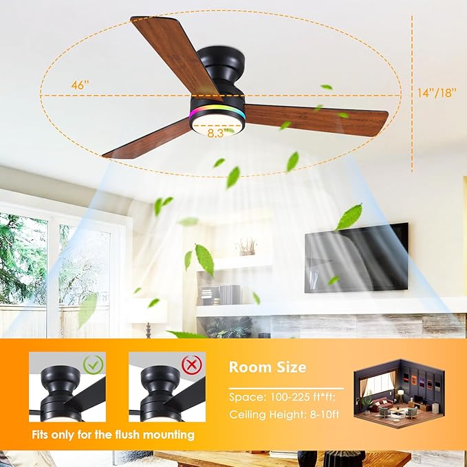 Asyko 46" RGB Ceiling Fans Light,Low Profile Ceiling Fans with Lights and Remote,Modern Flush Mount Ceiling Fan Light with Quiet Reversible DC Motor for Bedroom Kids Room