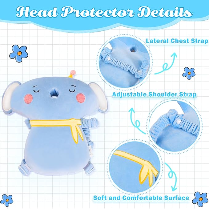 Baby Head Protector Backpack Memory Foam,Toddler Baby Walker Head Protection Safety Pad, 3-Sided Fall Head Safety Protection(Blue-Elephant)